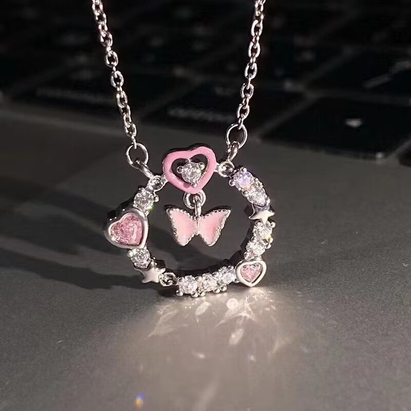 UNI-10259- Pink Butterfly & Heart Circle  - Necklace