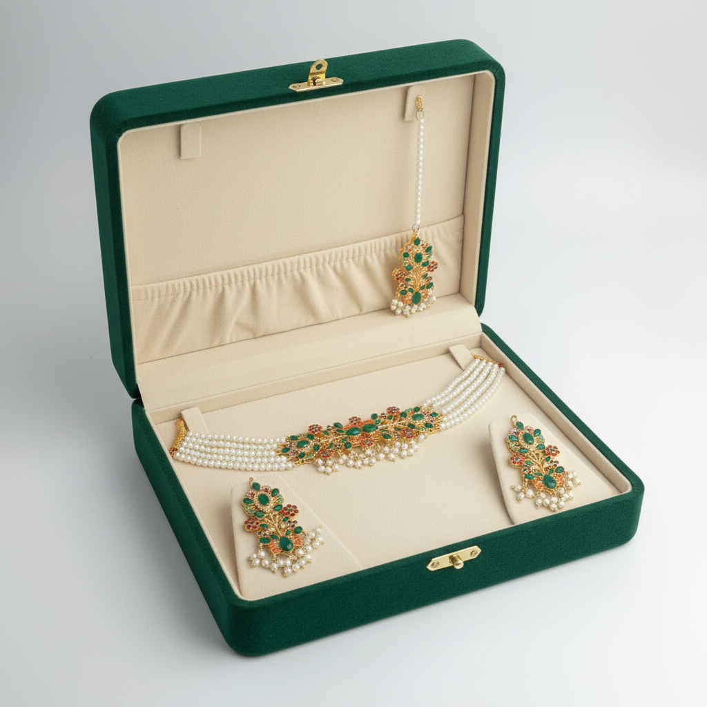 PJ-153 - Green & Gold  Mala - Jewelry Set