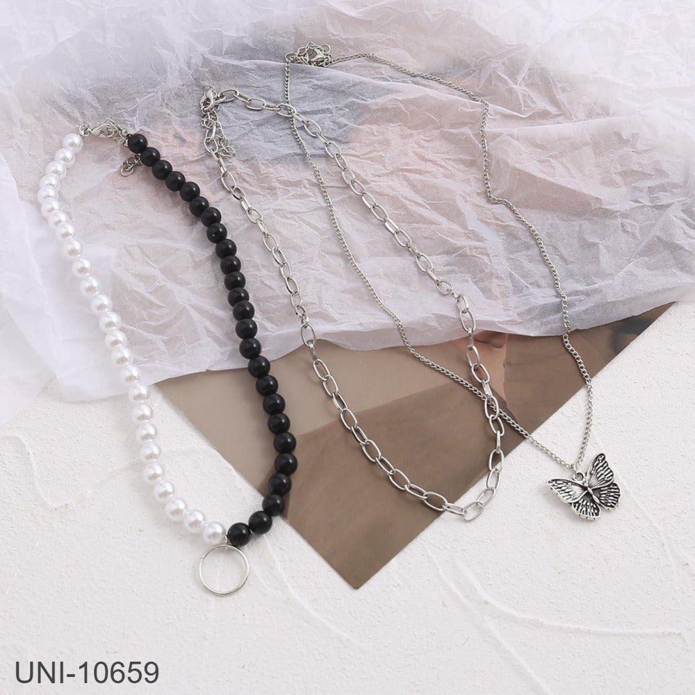 UNI-10659 - Retro Butterfly & Beaded Pearl - Necklace Set Of 3