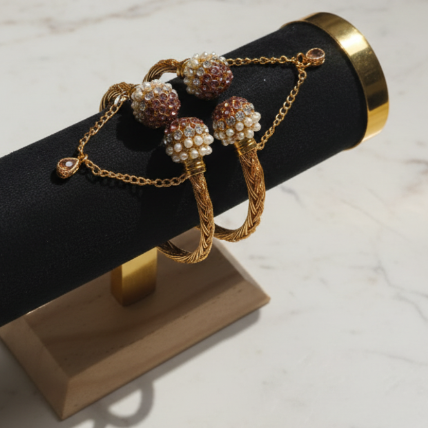 CH-65 - Luxury White Pearl & Diamond Gold - Bangle  Set Of 2