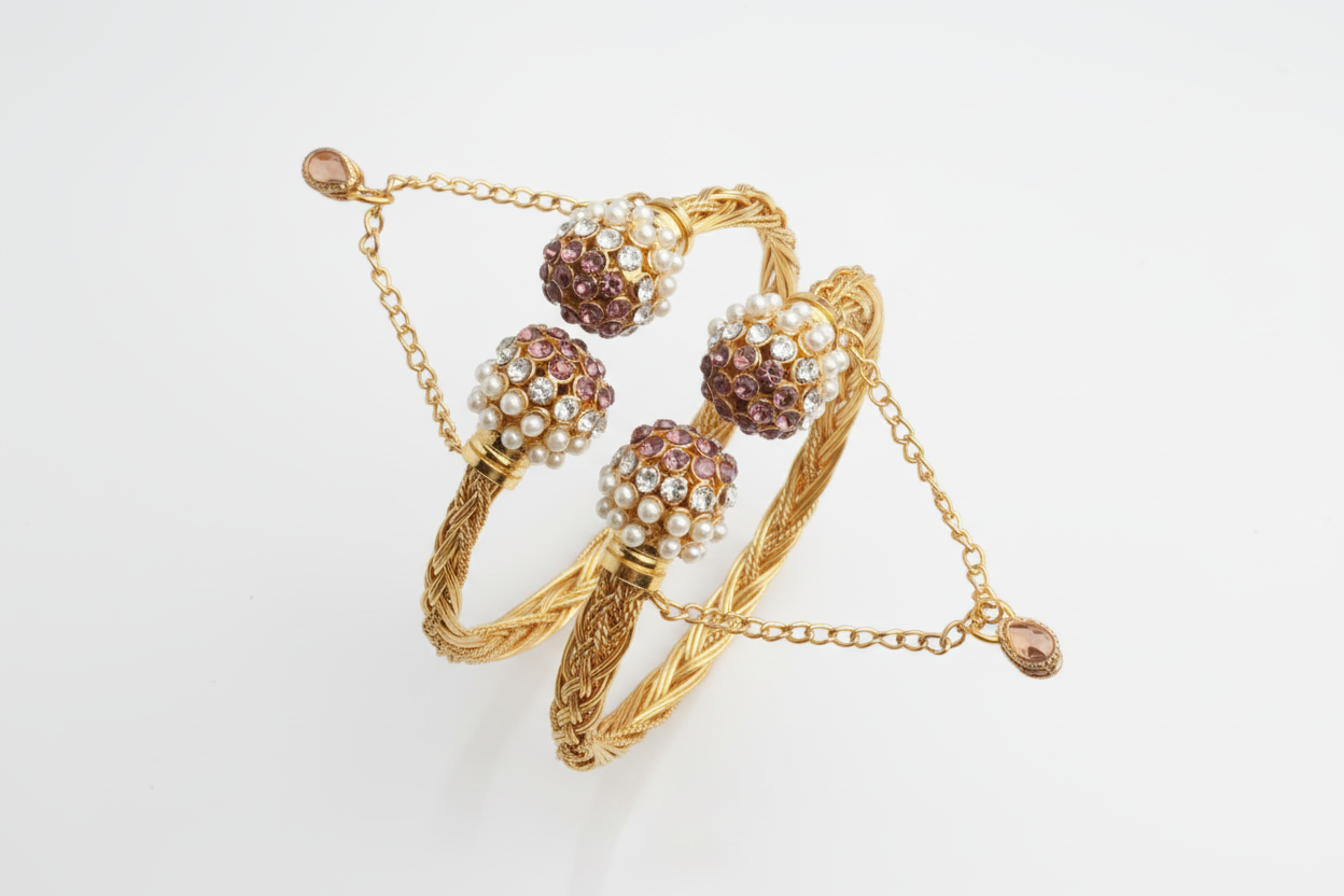 CH-65 - Luxury White Pearl & Diamond Gold - Bangle  Set Of 2