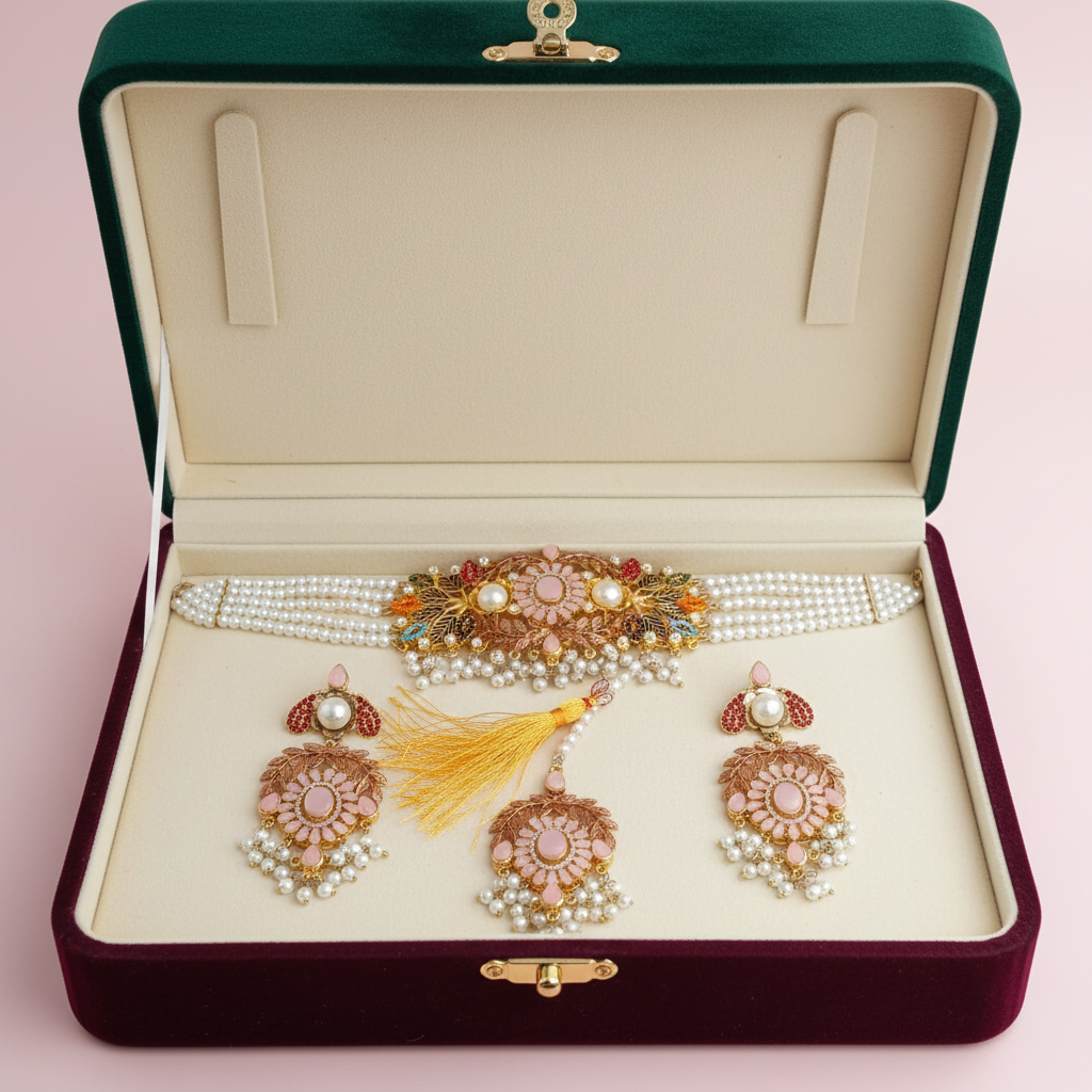 PJ-146 - Fancy Flower & Leaves Mala - Jewelry Set Style 1