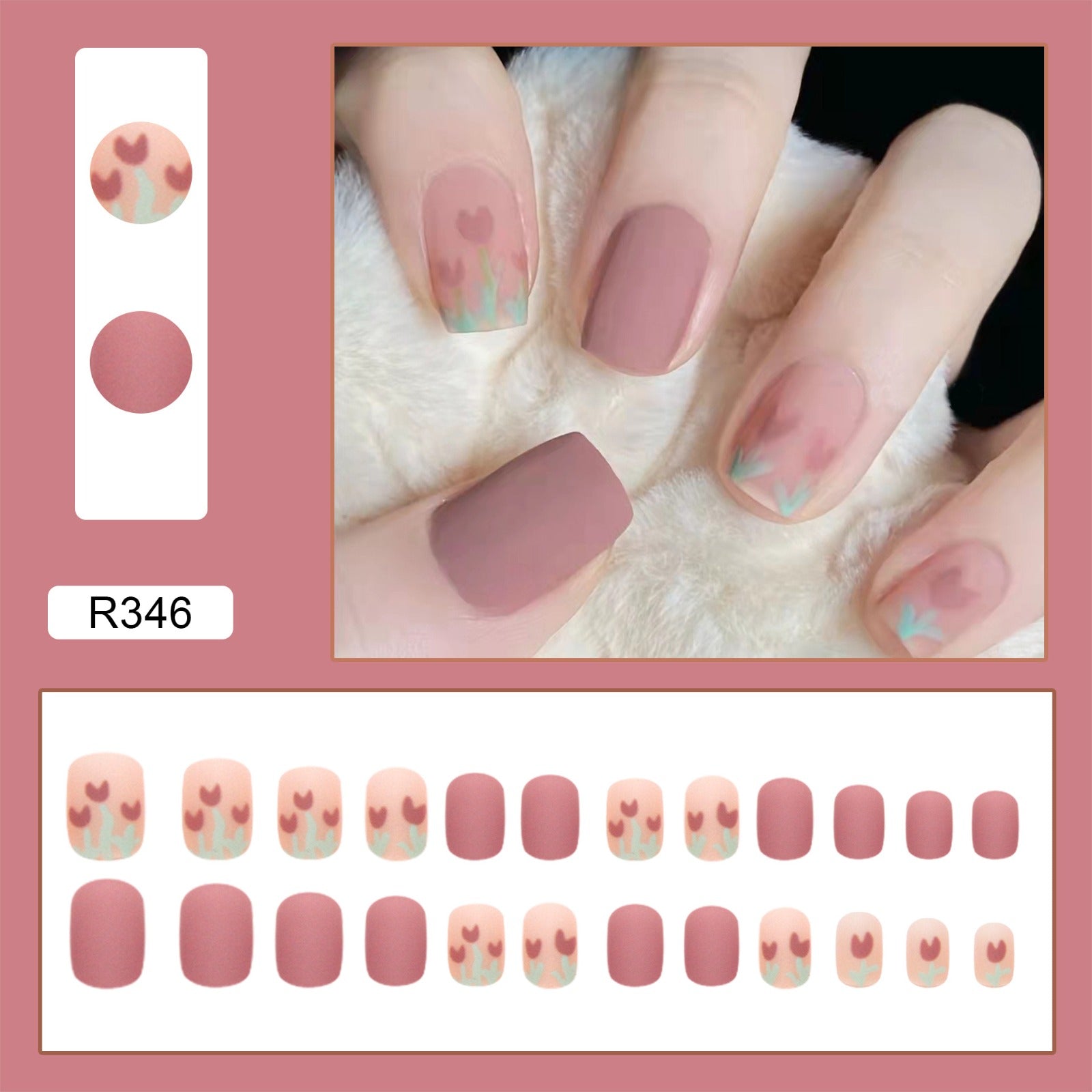 N-130 - Morandi Pink &Flowers - Press On Nail Set Of 24