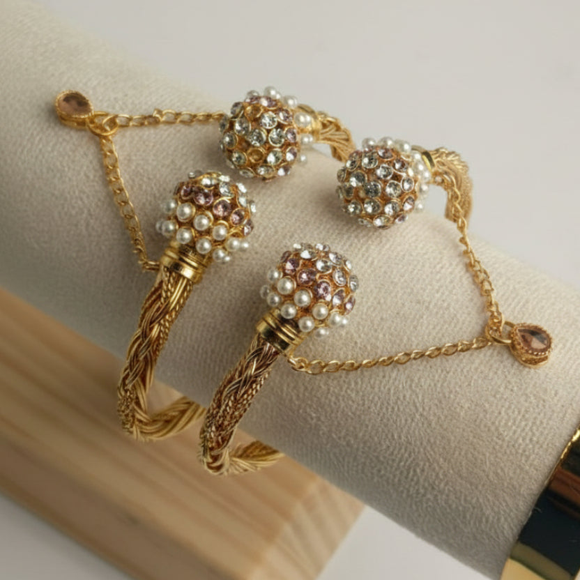 CH-68 - Luxury Pearl & Pink Diamonds Gold - Bangle Set Of 2