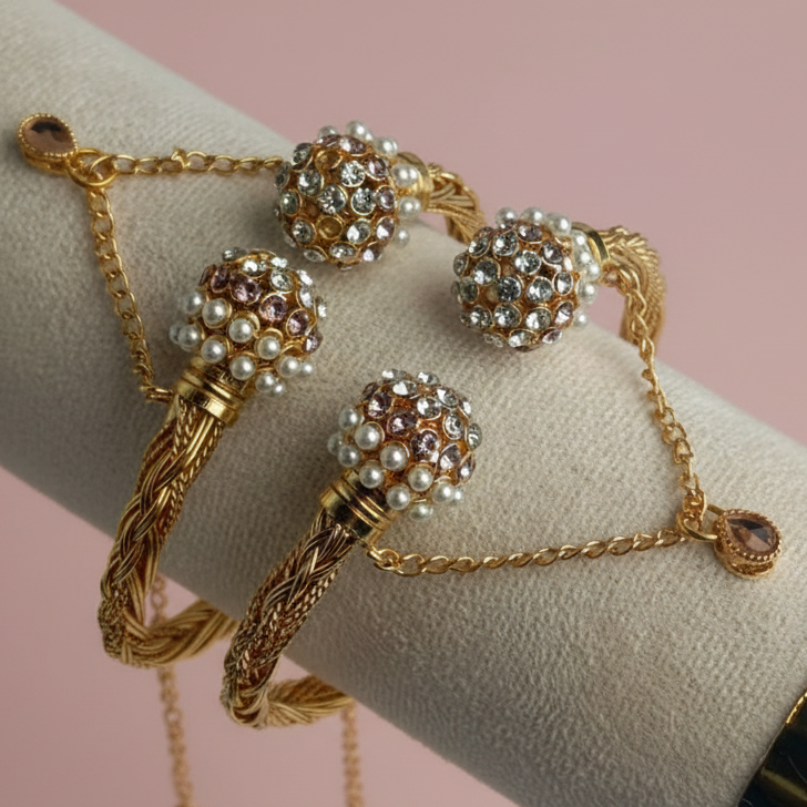 CH-68 - Luxury Pearl & Pink Diamonds Gold - Bangle Set Of 2