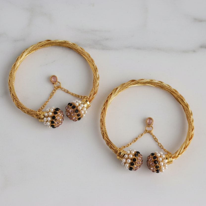 CH-59 - Luxury Pearl & Green Diamond Gold - Bangle  Set Of 2