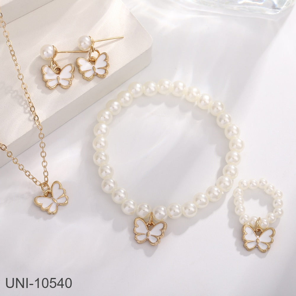 UNI-10540 - White Butterfly & Beaded Pearls - Jewelry Set