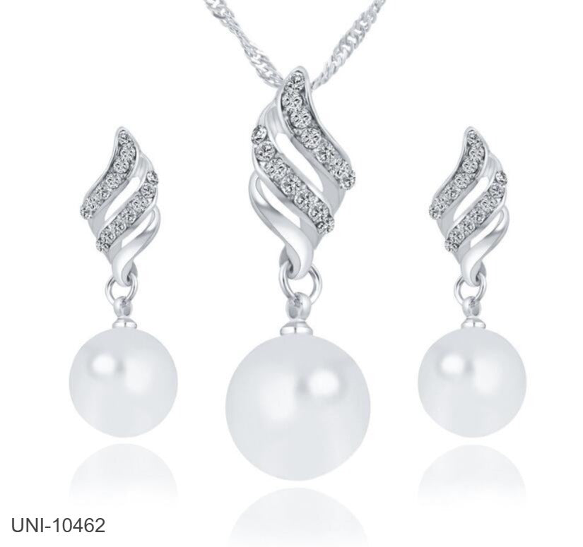 UNI-10462 - Classy Silver Pearl & Diamond  - Jewelry Set