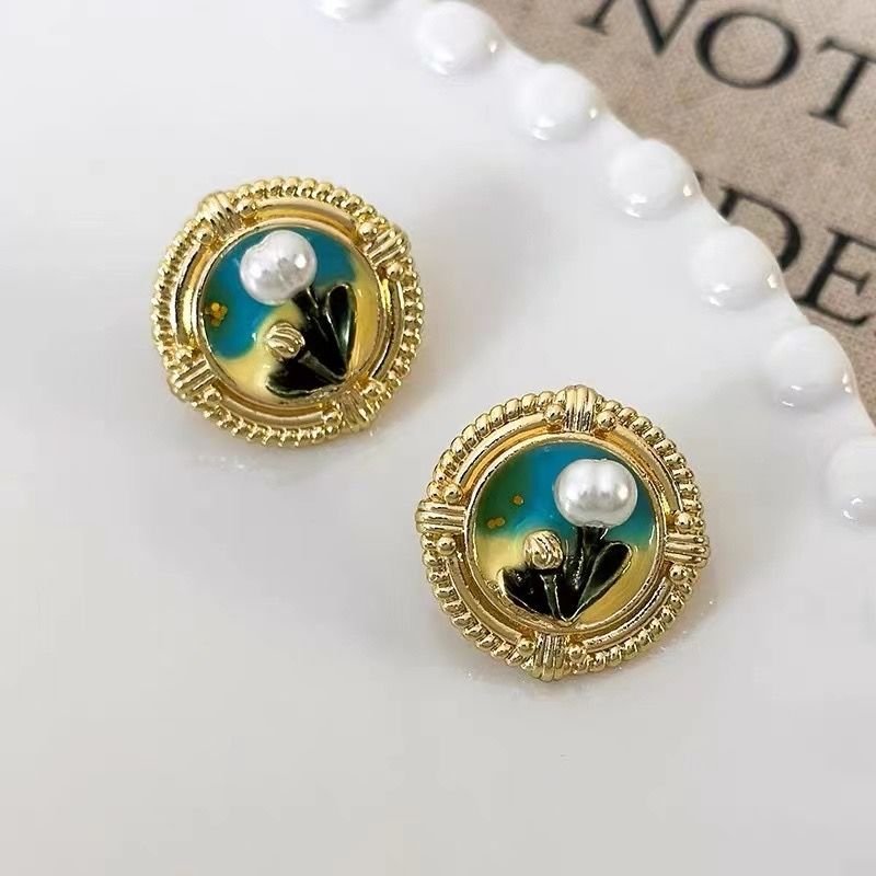 UNI-10909 -  Luxury Pearly Flower Oil Painting Gold - Earring