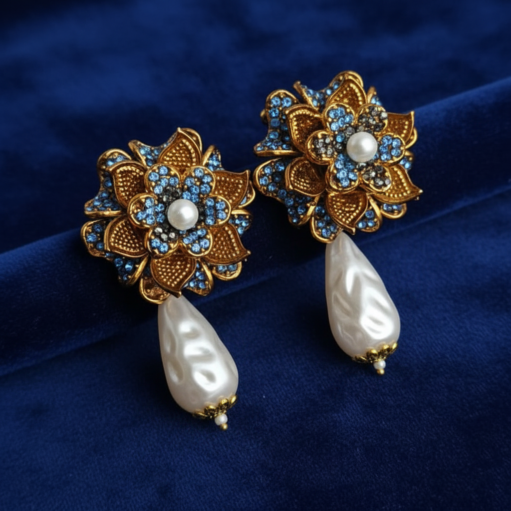 PJ-189 - Blue Flower  Luxury Vintage Gold  - Earring