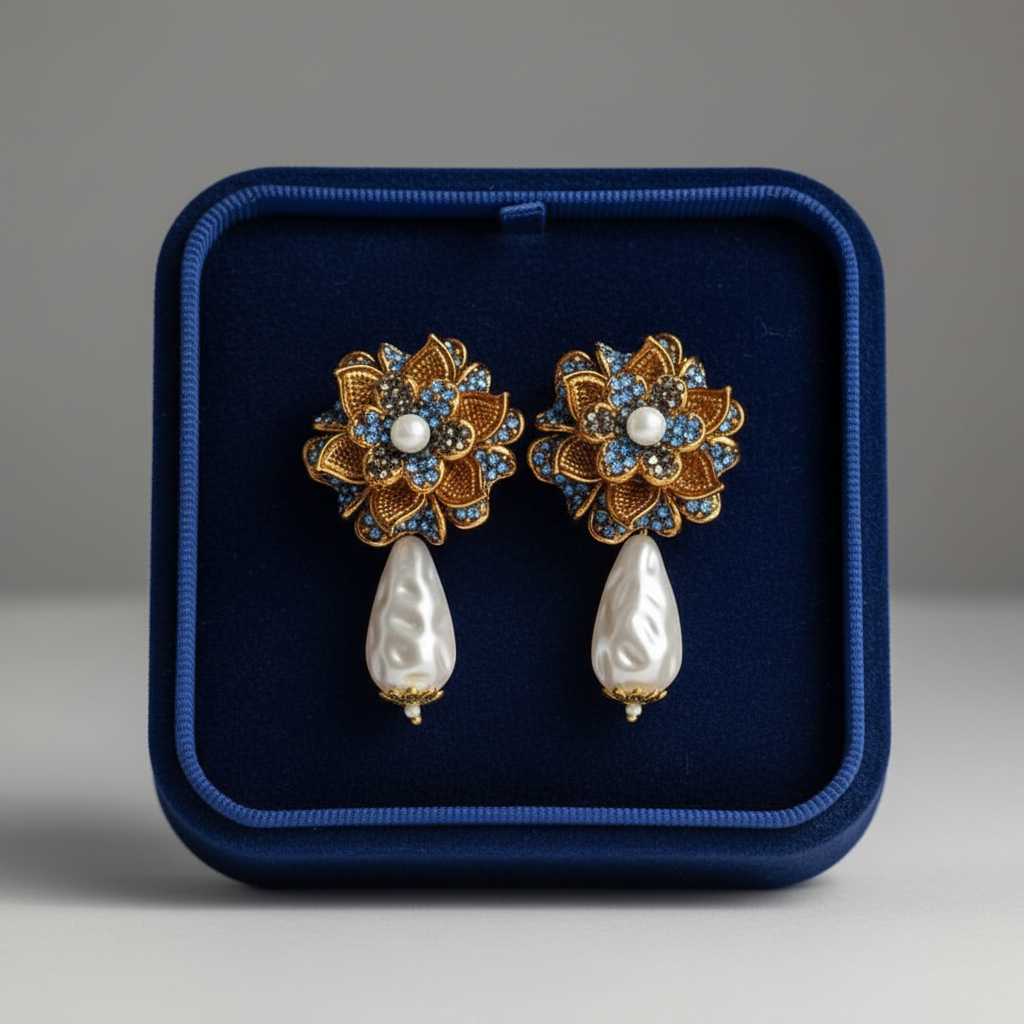 PJ-189 - Blue Flower  Luxury Vintage Gold  - Earring