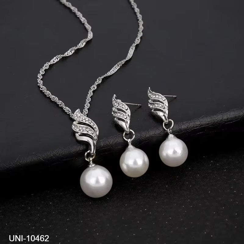 UNI-10462 - Classy Silver Pearl & Diamond  - Jewelry Set