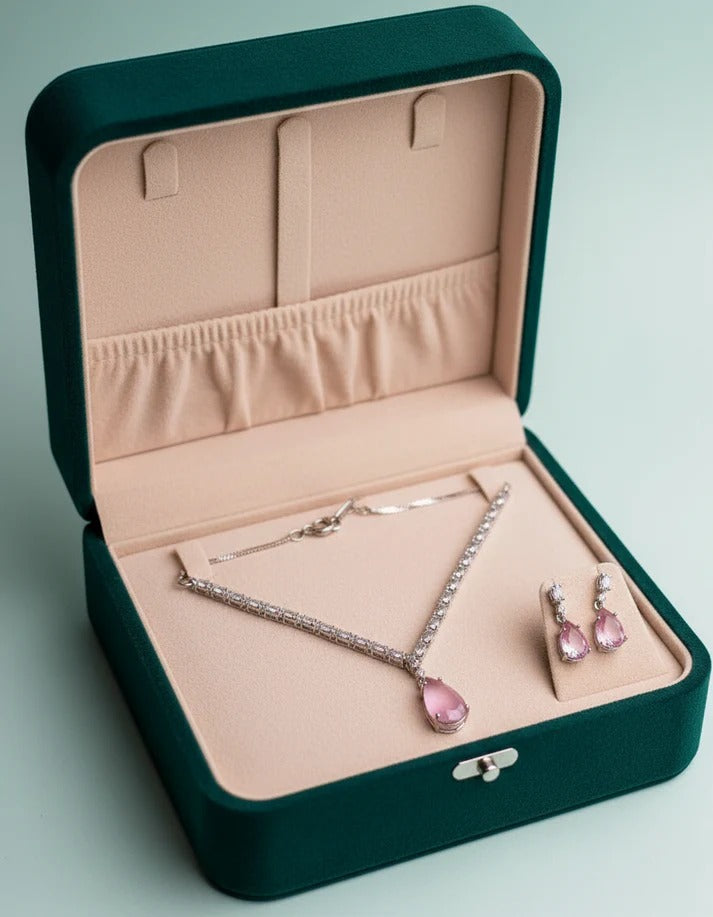 PJ-109 - Matte Pink Natural Stone Square Diamonds Silver - Jewelry Set Of 2