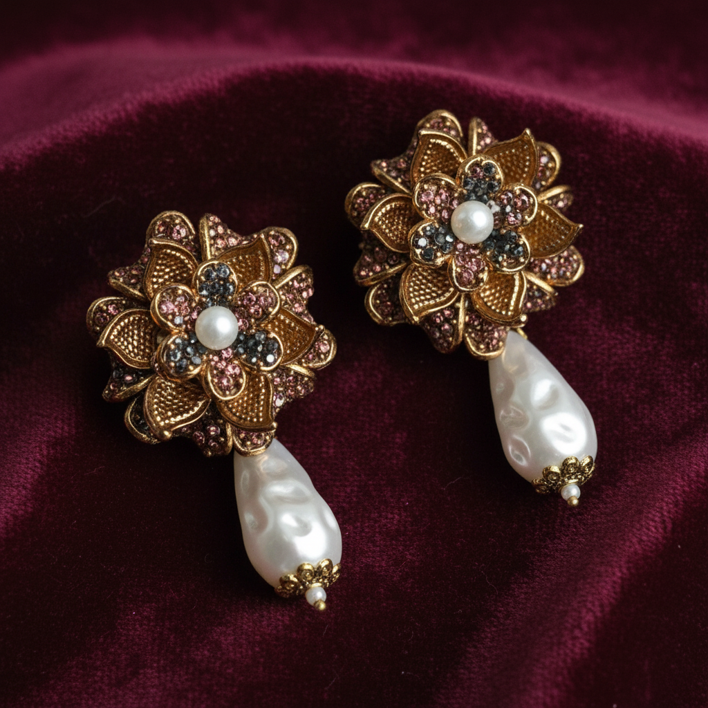 PJ-192 - Black & Pink Flower Luxury Vintage Gold  - Earring