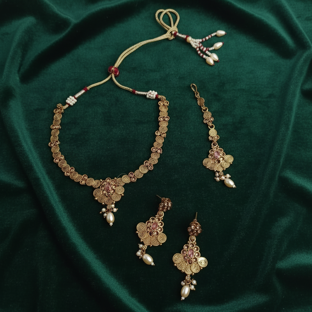 PJ-130 - Premium Pink Diamonds Gold Flowers - Jewelry Set