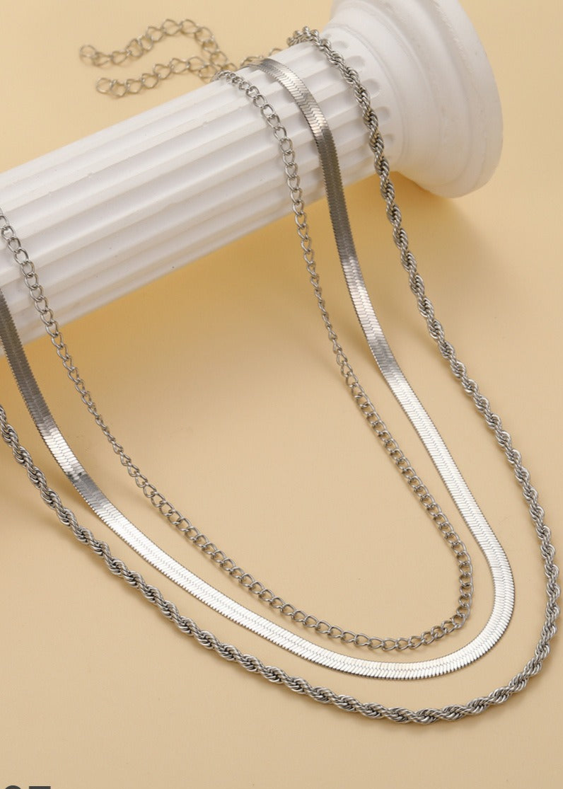 UNI-10637 - Silver Layered - Necklace Set Of 3