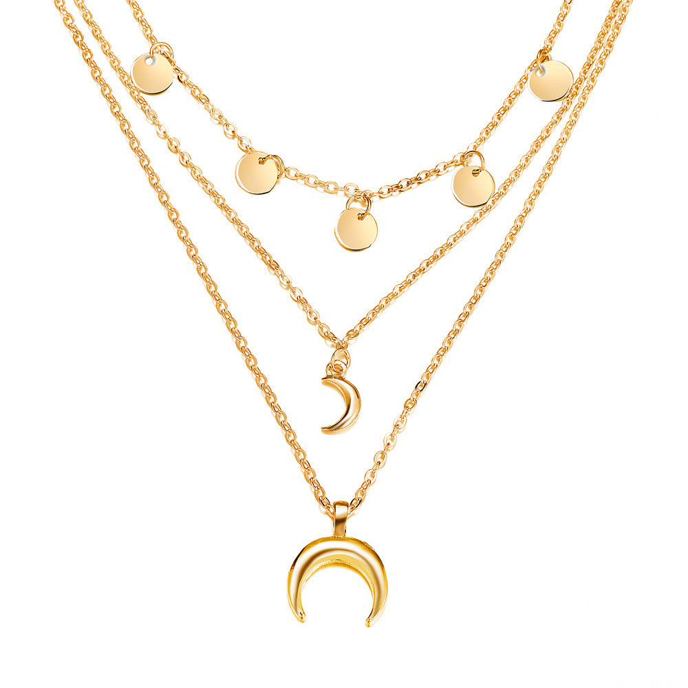 UNI-10655 - 3 Layered Moon & Gold Circle  - Necklace Set