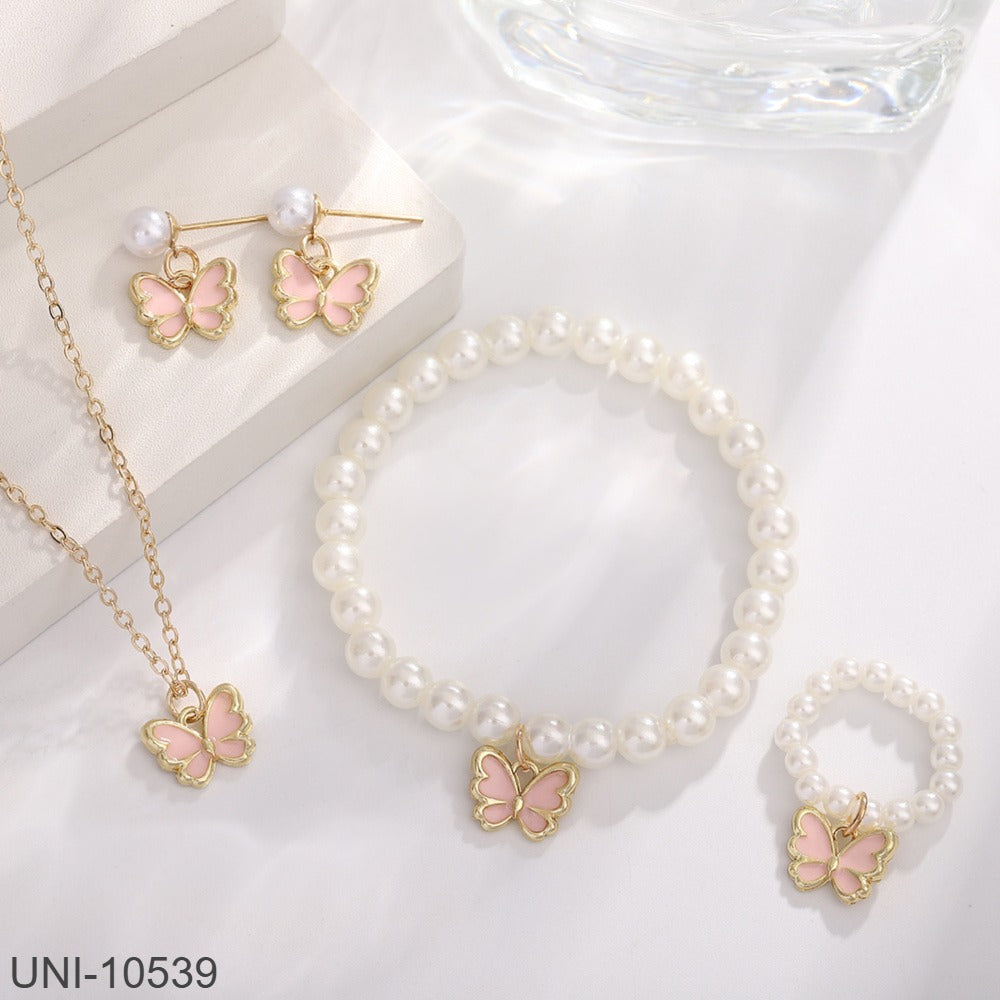 UNI-10539 - Pink Butterfly & Beaded Pearls - Jewelry Set