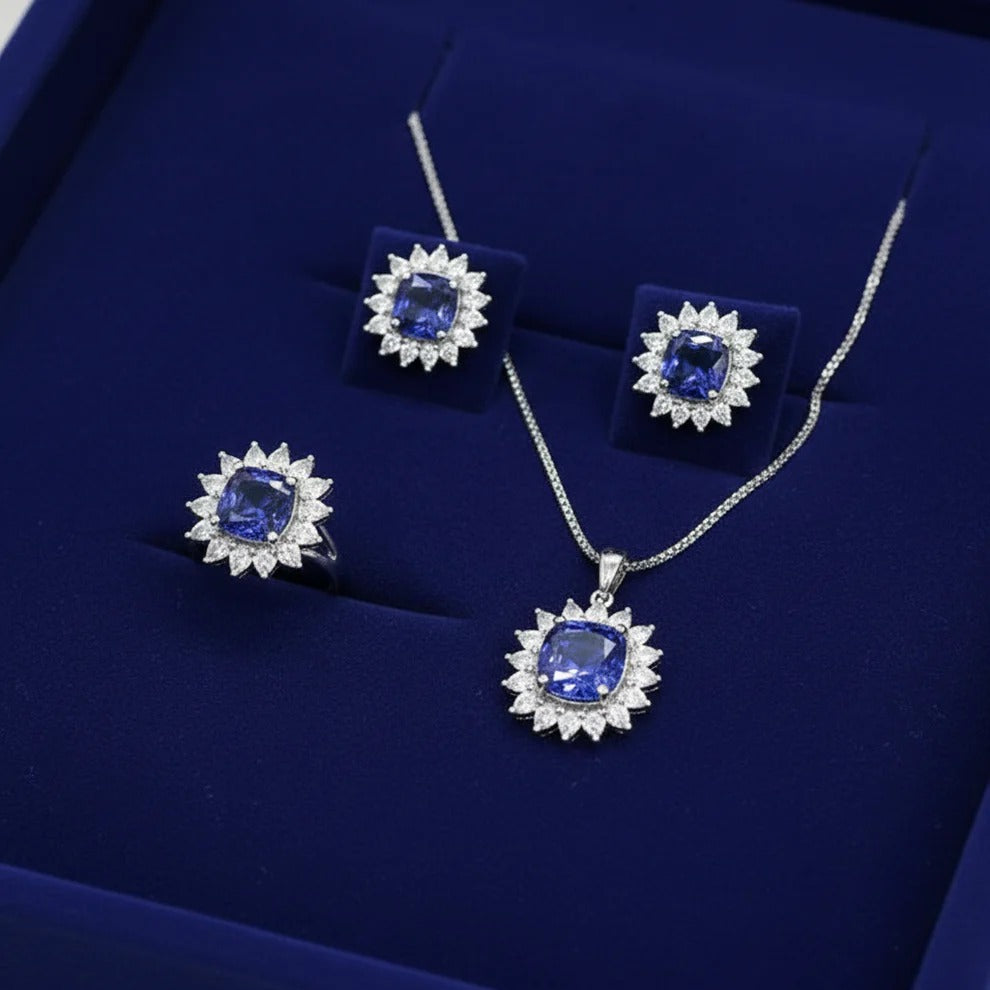 PJ-107 - Navy Blue Natural Stone Silver - Jewelry Set Of 3