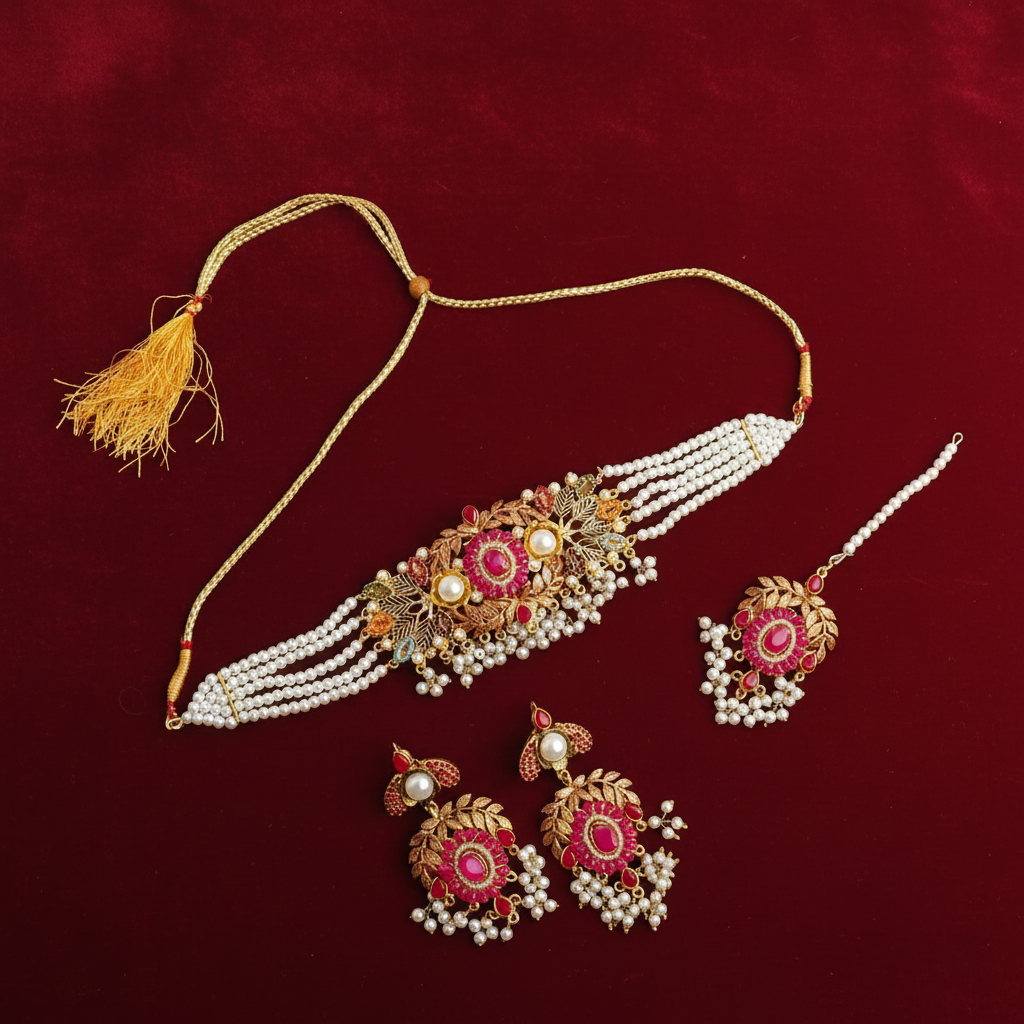 PJ-146 - Fancy Flower & Leaves Mala - Jewelry Set Style 2