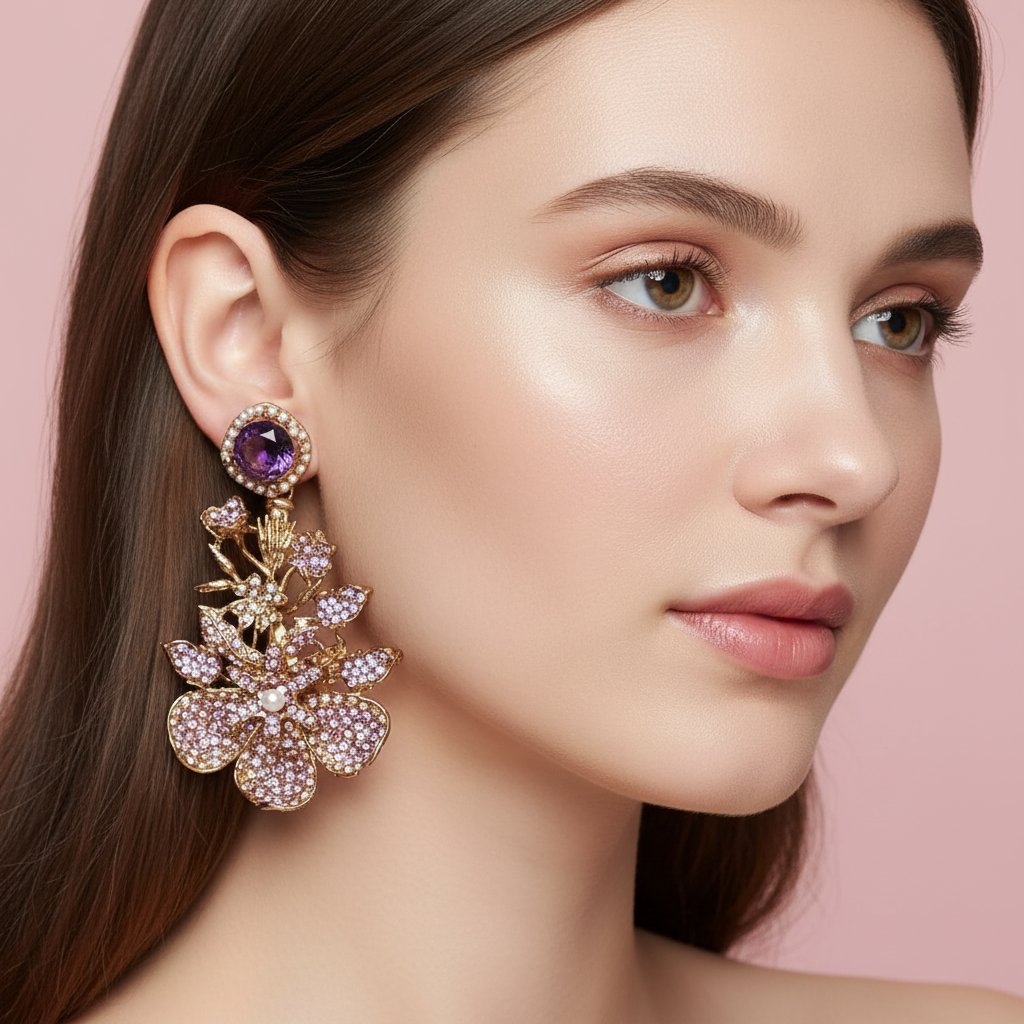 PJ-142 - Lilac Diamonds Flower Vintage Gold  - Earring