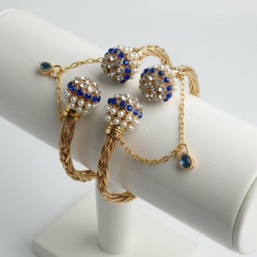 CH-72 - Luxury Pearl & White & Navy Blue Diamonds Gold - Bangle Set Of 2
