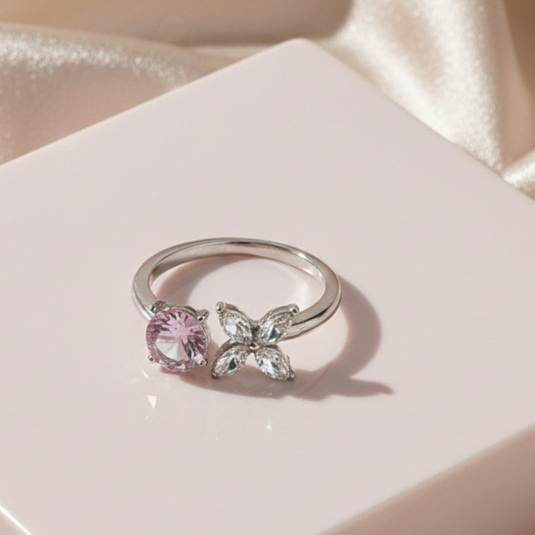 UNI-11020-3 - Pink Flower Diamond Silver - Ring