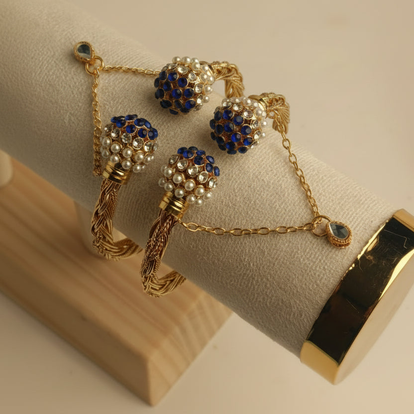 CH-69 - Luxury Pearl & Navy Blue Diamonds Gold - Bangle Set Of 2