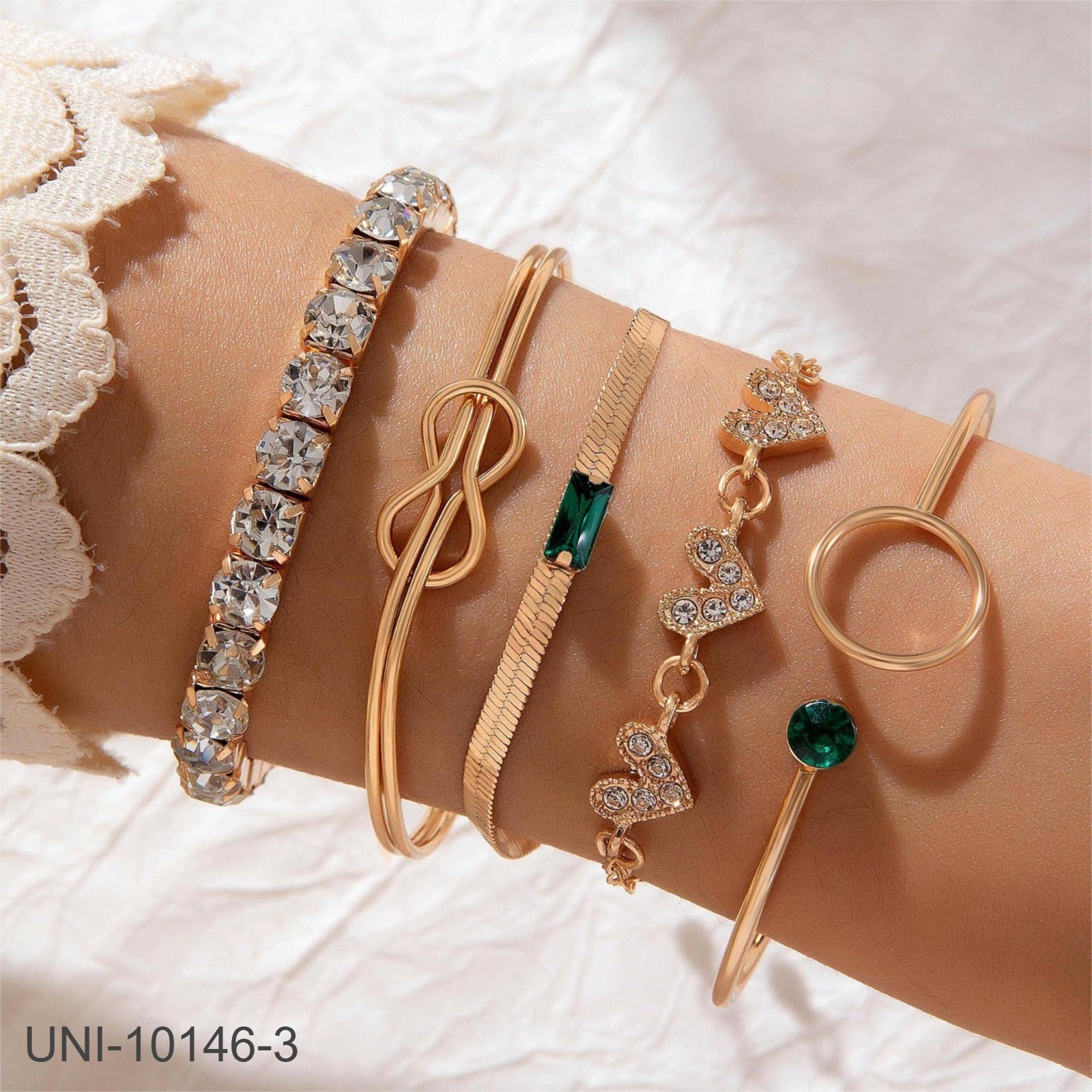 UNI-10146-3- Green Crystal Gem & Gold Bangle   - Bracelet Set Of 5