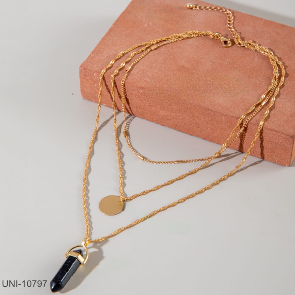 UNI-10797  - 3 Layered Black Stone Gold Chain - Necklace Set