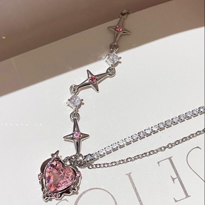 UNI-10864 -  Pink Heart Sparkle Chain Silver  - Necklace
