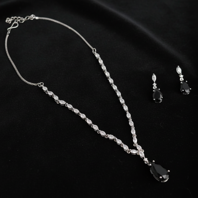 PJ-135  - Black Natural Stone Rain Drop Diamonds Silver - Jewelry Set Of 2