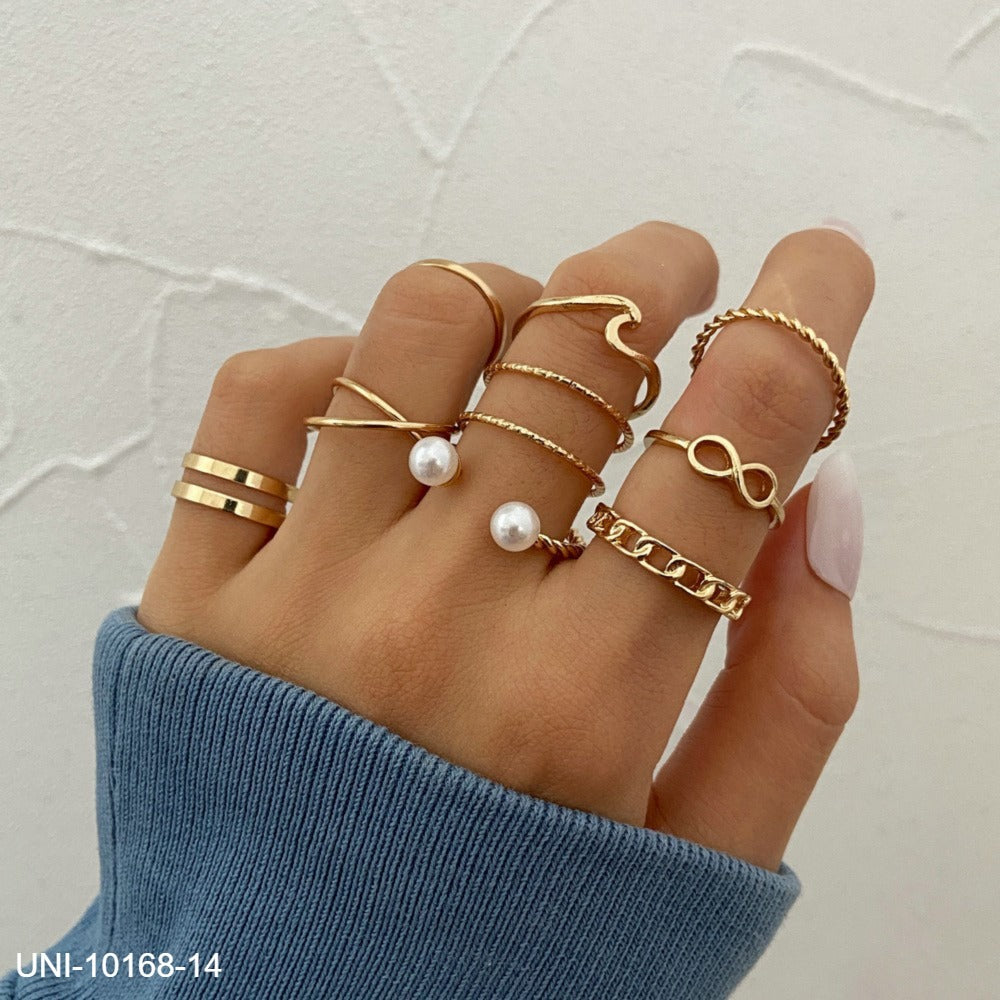 UNI-10168-14 - Pearl & Glam Gold - Ring Set Of 10