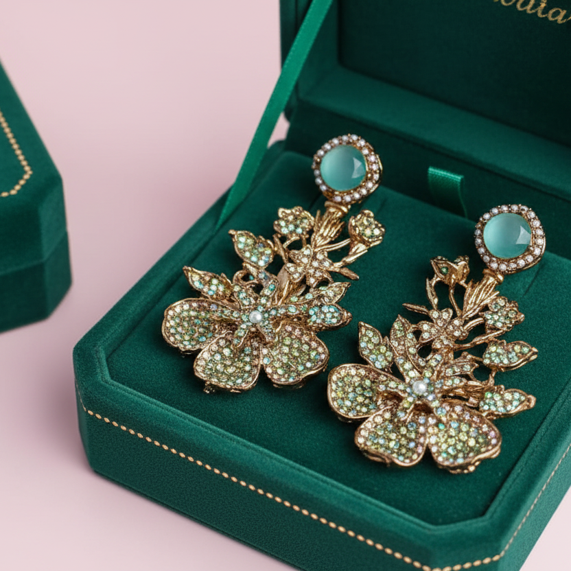 PJ-144 - Mist Green Diamonds Flower Vintage Gold  - Earring