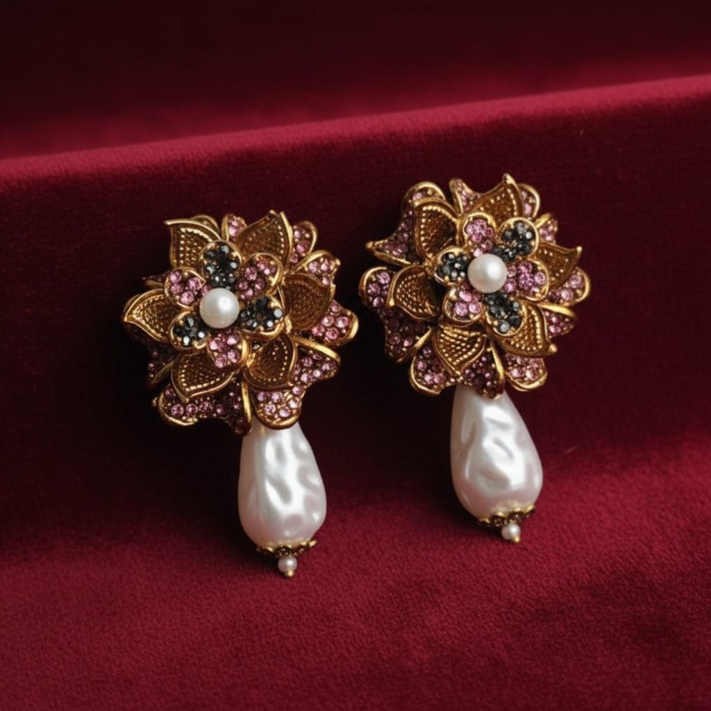 PJ-190 - Pink & Black Flower  Luxury Vintage Gold  - Earring