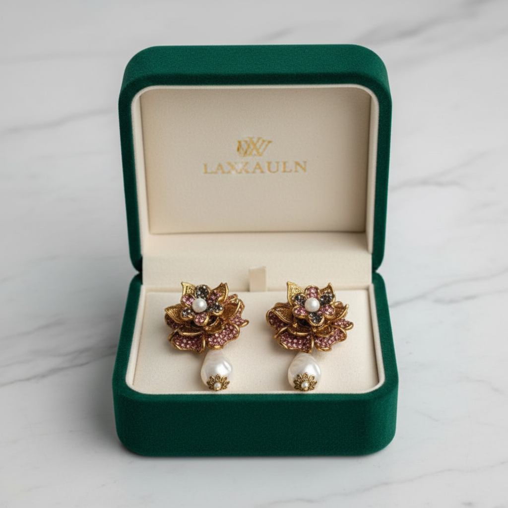 PJ-190 - Pink & Black Flower  Luxury Vintage Gold  - Earring