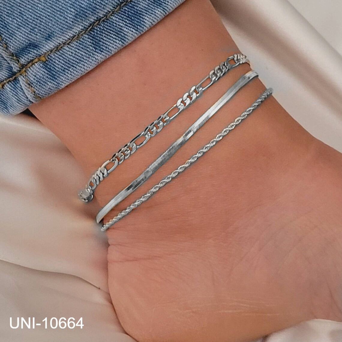 UNI-10664 - Silver Layer  - Anklet Set of 3 - Style 1