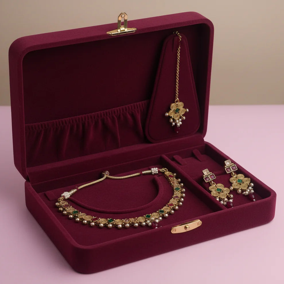 PJ-127 - Premium Gold Pearl Maroon & Green Diamonds Flowers - Jewelry Set