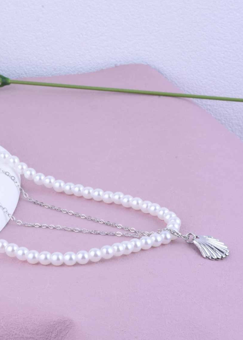 UNI-10529 - Beaded Pearl & Sea Shell Silver - Necklace