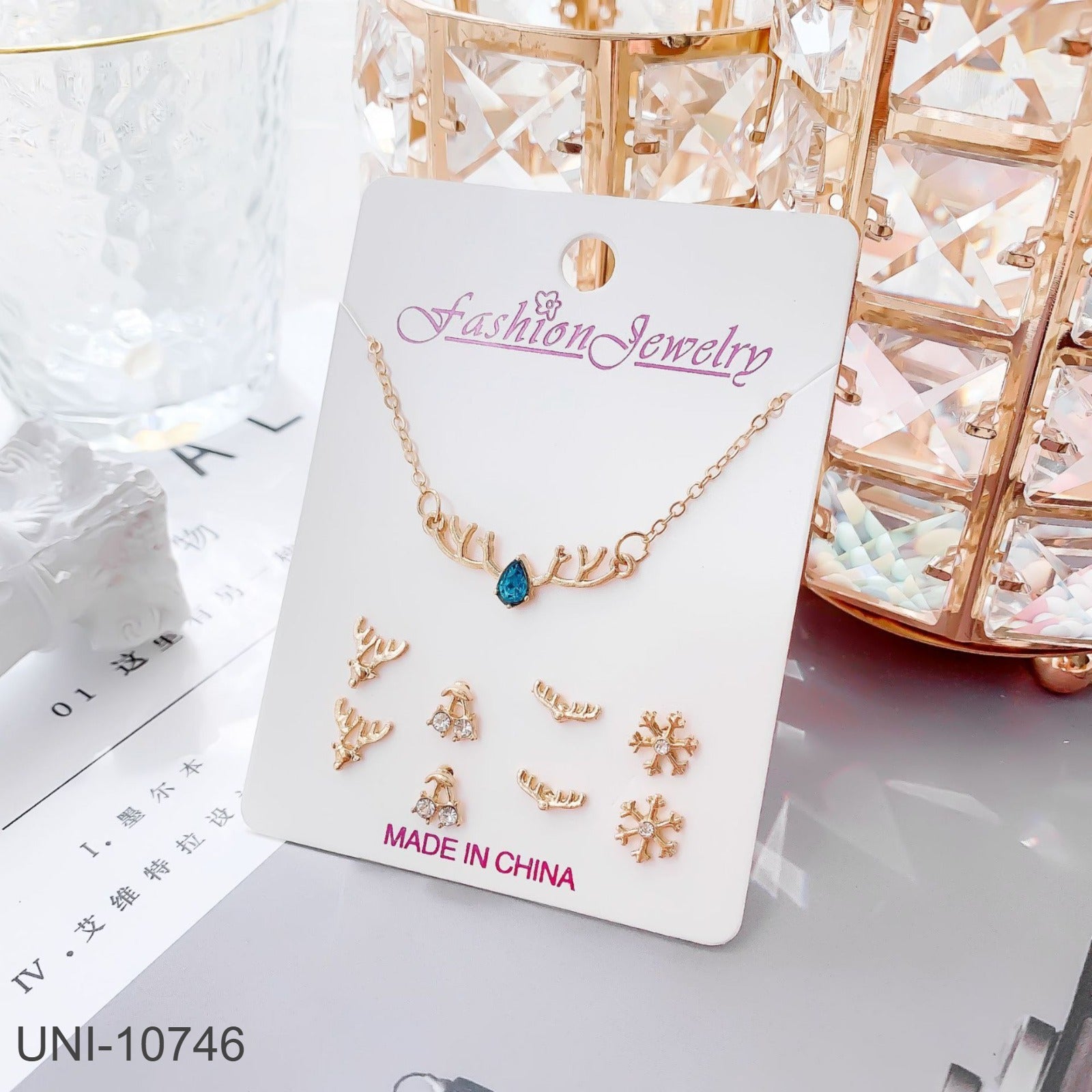 UNI-10746 - Blue Diamond Deer Gold - Jewelry Set