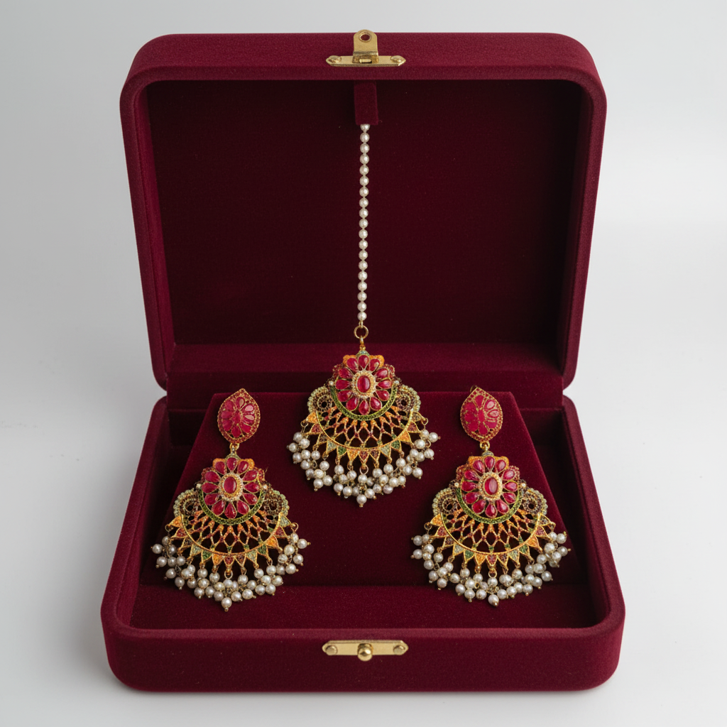PJ-161 - Luxury Pearls & Hot Pink Diamonds Gold - Jewelry Set