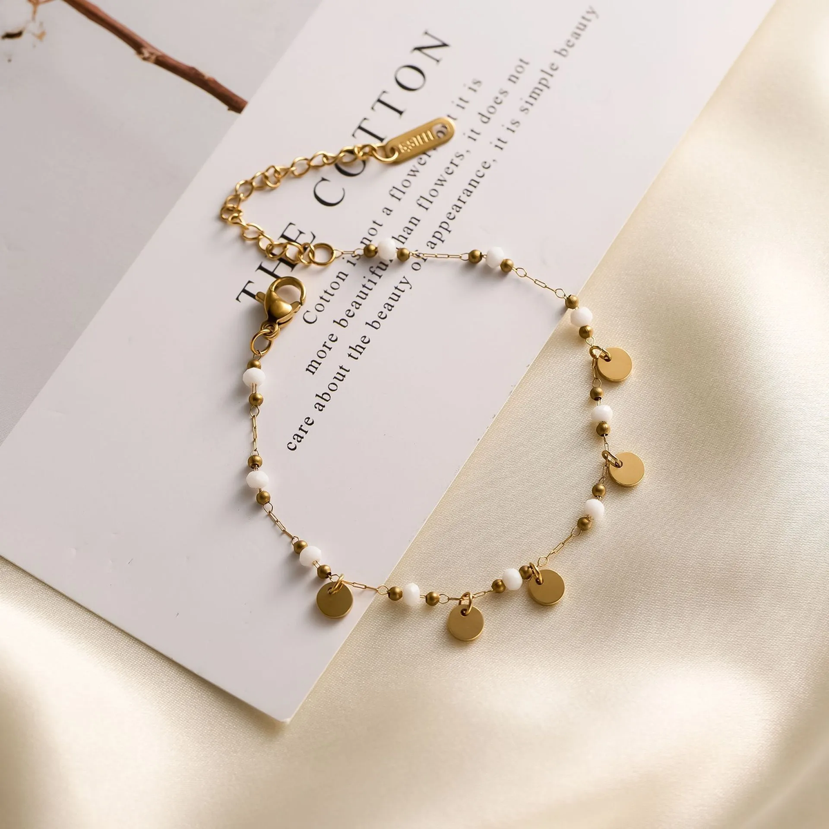 SS-12523 - White Beads & Gold Chain - Bracelet