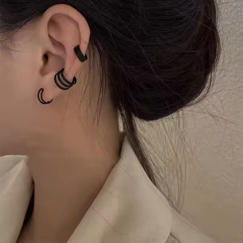 UNI- 11190 - Classy Black Ear Cuff  - Earring Set of 3